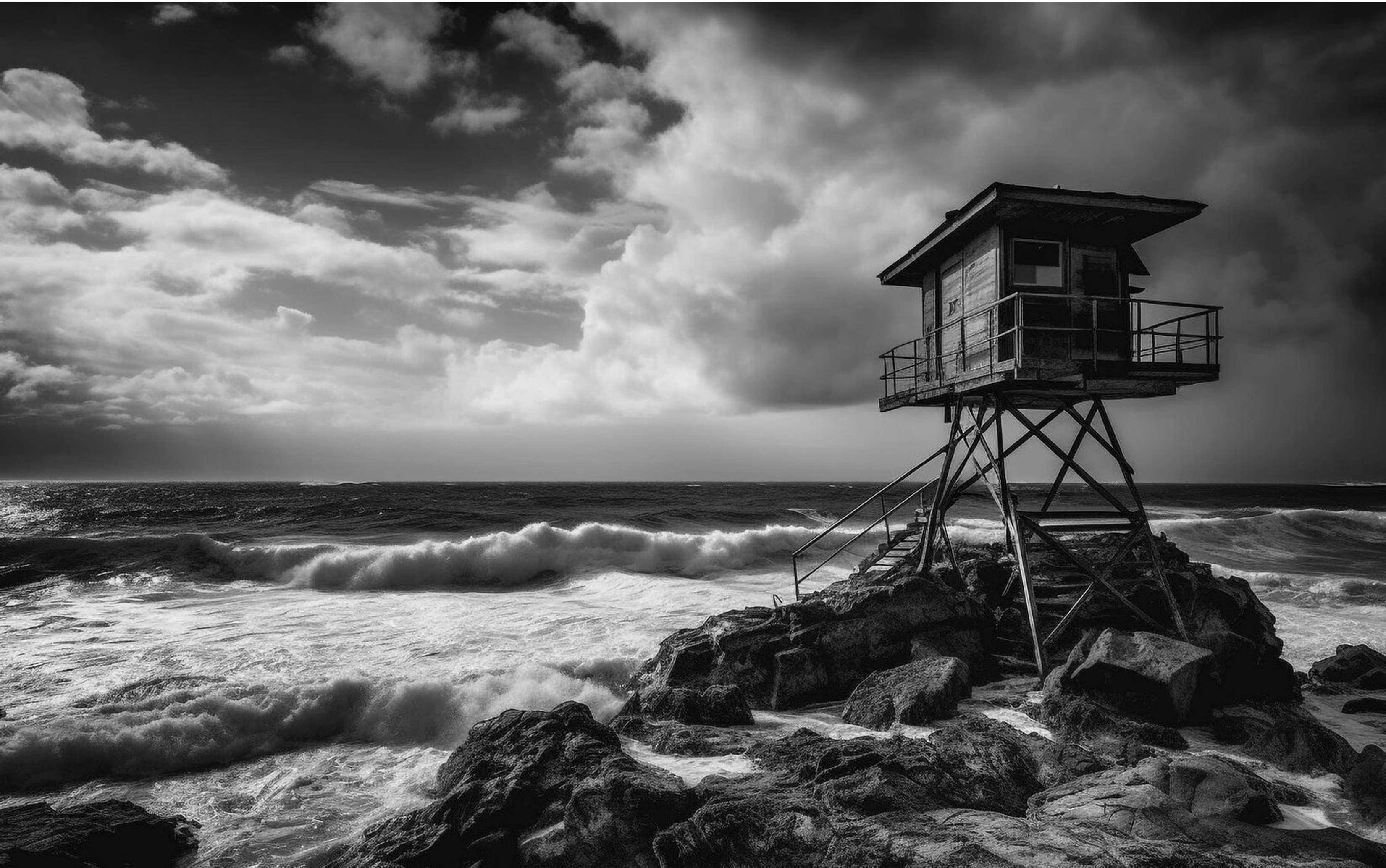Lifeguard tower over stormy beach